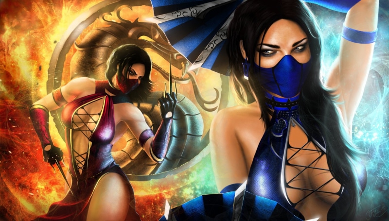 Mortal Kombat, fun, beautiful people, Dress, Blue Eyes, Mask, Fan, fashion model, 1080P, Yellow Eyes, Black Hair, night, disco dancing, Pink Dress, people