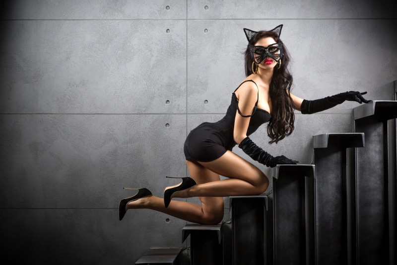shoes, ladder, steps, gloves, figure, Catwoman, brunette, in black, girl, 5K, dress, pose, mask