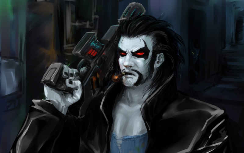 indoors, mode of transportation, paint, celebration, land vehicle, representation, horror, holding, Lobo, man, illustration, people, video games, rifle