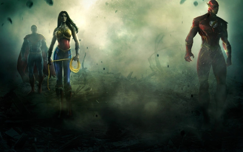 war, clothing, smoke - physical structure, Injustice Gods among us, The Flash, Superman, justice, 720P, weapon, conflict, standing, illustration, league
