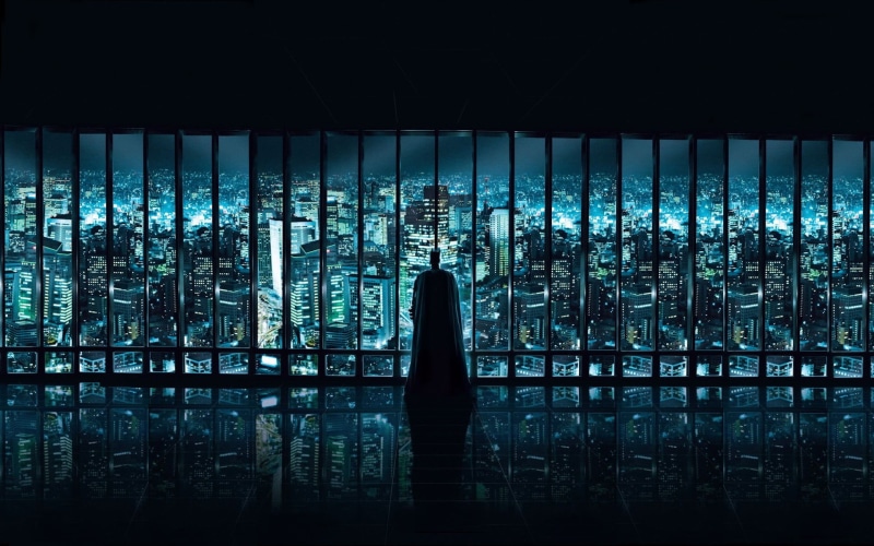 indoors, lifestyles, Batman Beyond, illuminated, three quarter length, night, cityscape, standing, DC Comics, adult, rear view, 1080P, Gotham, city, leisure activity
