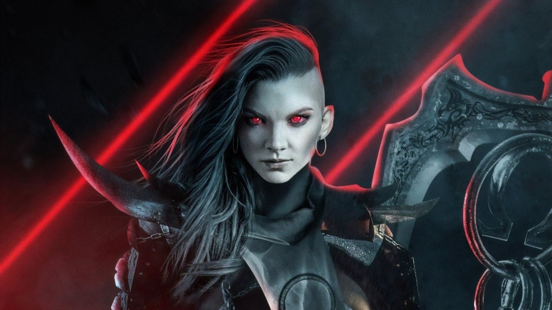 red, digital art, 2K, digital, lights, dark, DC Comics, women, neon lights, portrait, red eyes, Natalie Dormer, artwork, environment, DC Universe