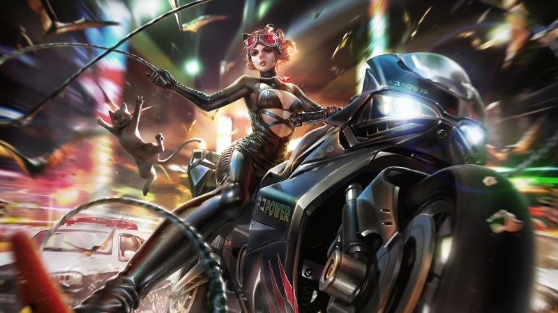 Dc Comics, Bike, Girl, DC Universe, Kitty, Selina Kyle, Catwoman, Glasses, Costume, Art, 4K
