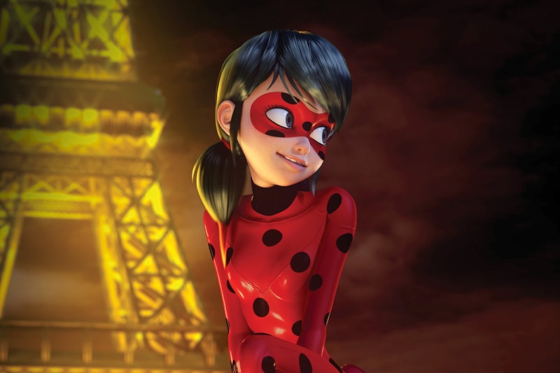 illuminated, mask, Ladybug, Paris, hairstyle, girls, looking at camera, yuusha, indoors, portrait, hero, childhood, Marinette, suit, fashion, character