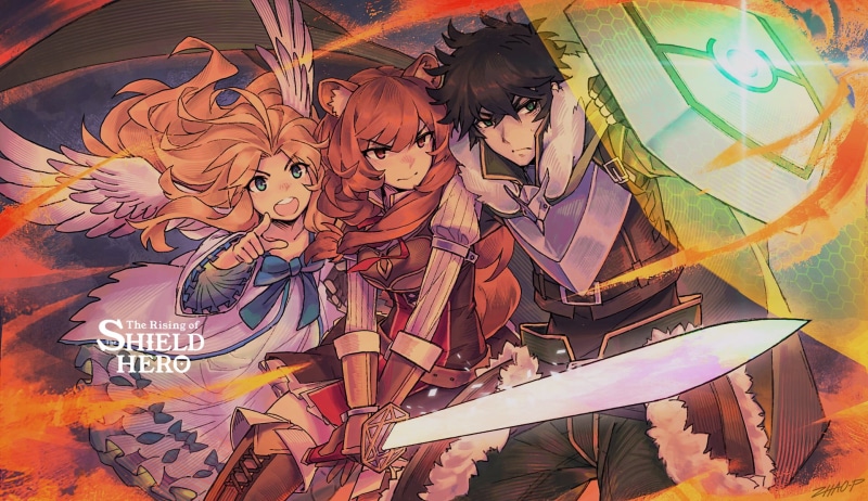 fantasy weapon, Tate no Yuusha no Nariagari, Raphtalia, brunette, sword, fan art, digital art, long hair, blond hair, 1080P, fire, Iwatani Naofumi, Filo (Tate no Yuusha no Nariagari)
