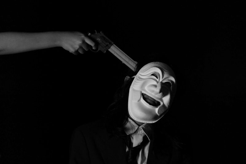 threat, social issues, villain, 4K, extortion, aggression, black background, mouth open, human hand, killing, anonymous, studio shot, men, black and white