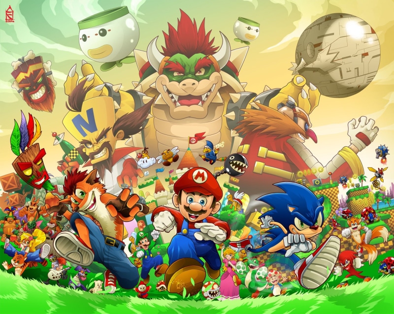 outdoors, Bowser, variation, nature, no people, Sonic the Hedgehog, Sony, choice, multi colored, large group of objects, Super Mario Bros, Sega, Video Game