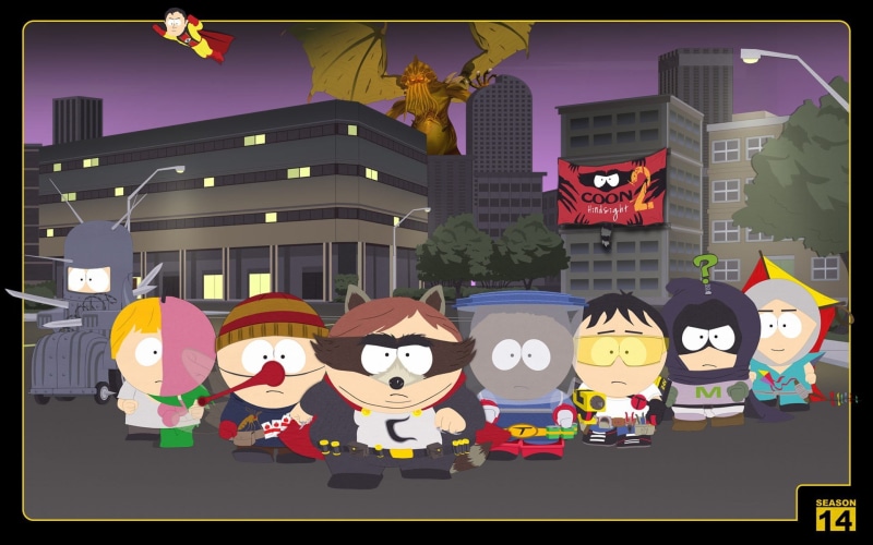 city, transfer print, The Coon, celebration, built structure, illustration, animated, building exterior, communication, creativity, Eric Cartman, South Park