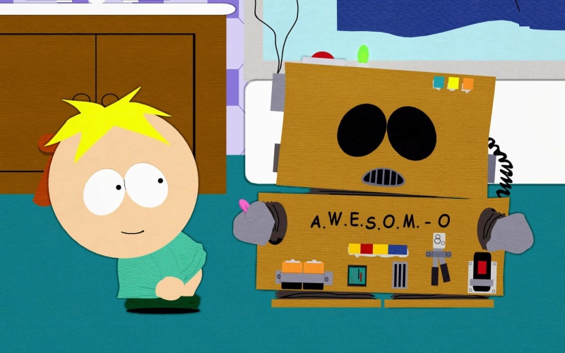 Eric Cartman, text, paper, creativity, yellow, no people, western script, cardboard, toy, south, representation, South Park, still life, smiling, cardboard box