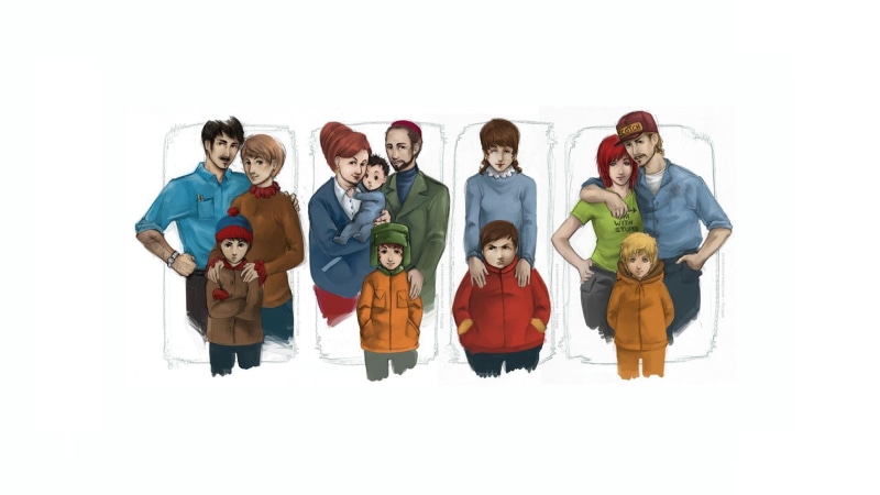 child, childhood, Kyle Broflovski, group of people, women, studio shot, Kenny McCormick, white background, men, smiling, standing, offspring, Stan Marsh