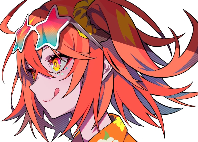 colorful, digital art, artwork, redhead, tongues, profile, Fate Series, smiling, white background, drawing, 720P, looking away, LAM, sunglasses, Fate/Grand Order