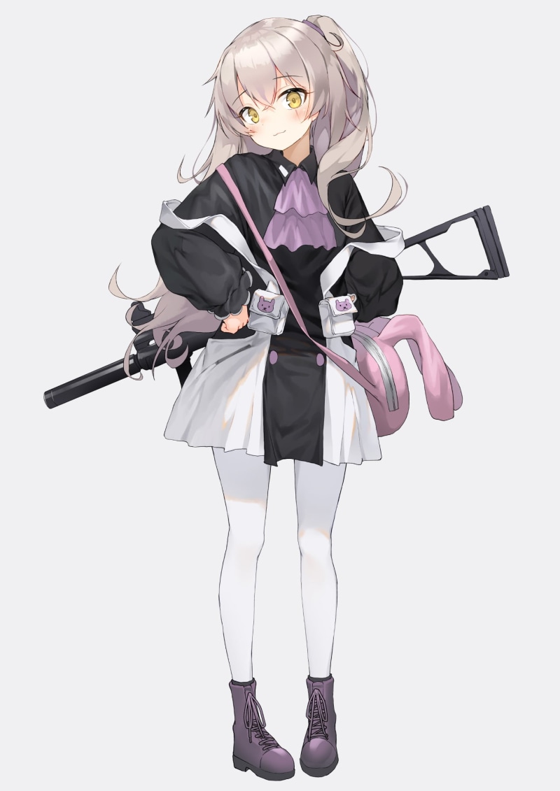 vertical, portrait display, anime girls, 1080P, dress, simple background, weapon, Girls Frontline, green eyes, gray hair, long hair, tie, digital art