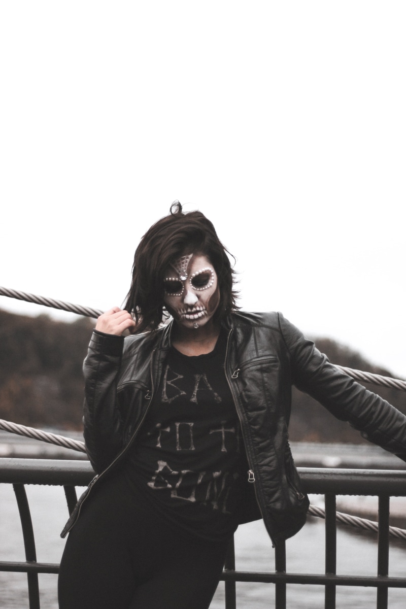 clothing, model, three quarter length, gothic, pose, black leather jacket, leather, casual clothing, halloween, hair, person, scary, front view, railing