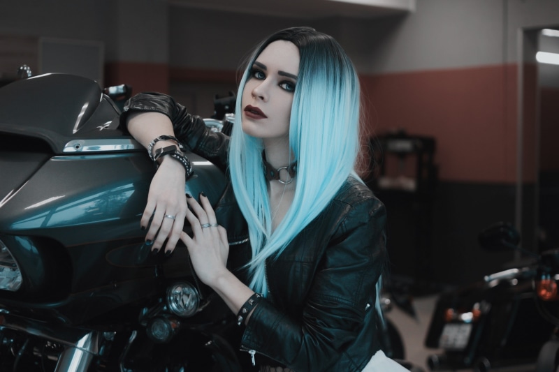 2K, long hair, rings, looking at viewer, women indoors, leather, dark lipstick, straight hair, jacket, leather jackets, painted nails, blue hair, eyeshadow
