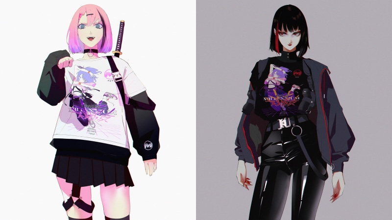 sword, black hair, choker, red eyes, anime girls, original characters, holster, pink hair, skirt, red lipstick, gun, anime, long sleeves, thigh-highs, blue eyes