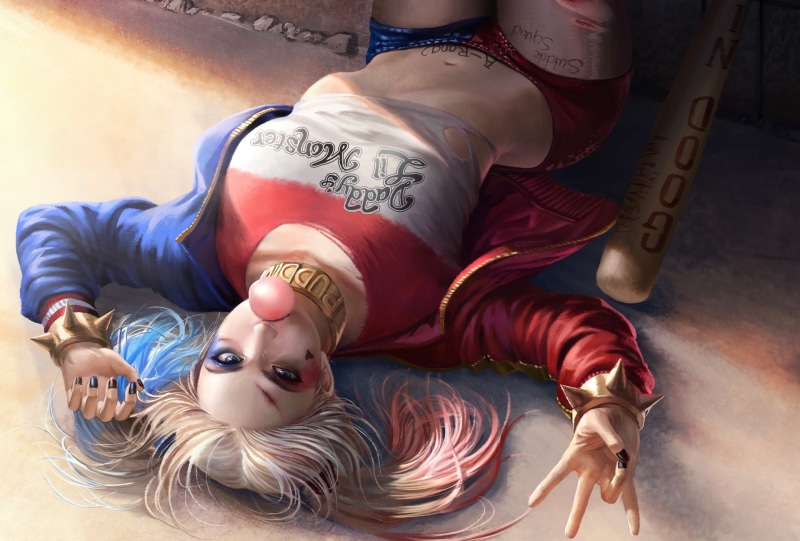 Bracelet, Shorts, 1080P, Movie, Jacket, Chewing Gum, Spikes, Scar, Blue Eyes, DC Comics, Harley Quinn, Baseball Bat, Blonde, Suicide Squad