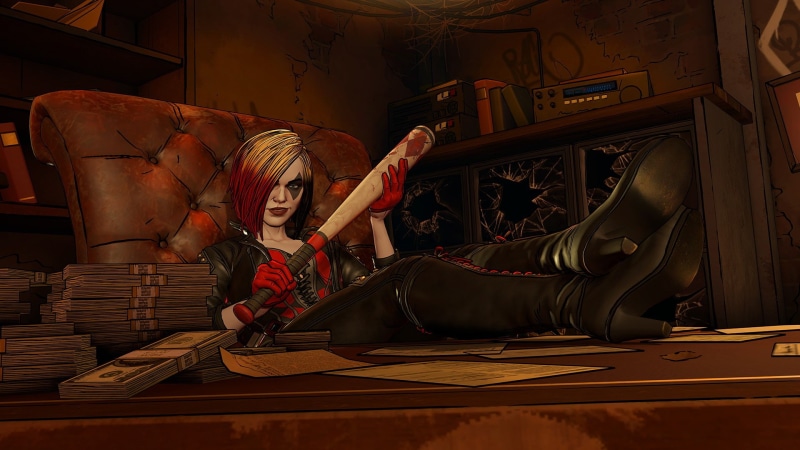 Sitting, The game, Screenshot, Hair, Batman: The Enemy Within, DC Comics, The villain, Episode 2: The Pact, Comics, Money, Gloves, Telltale Games, Harley Quinn