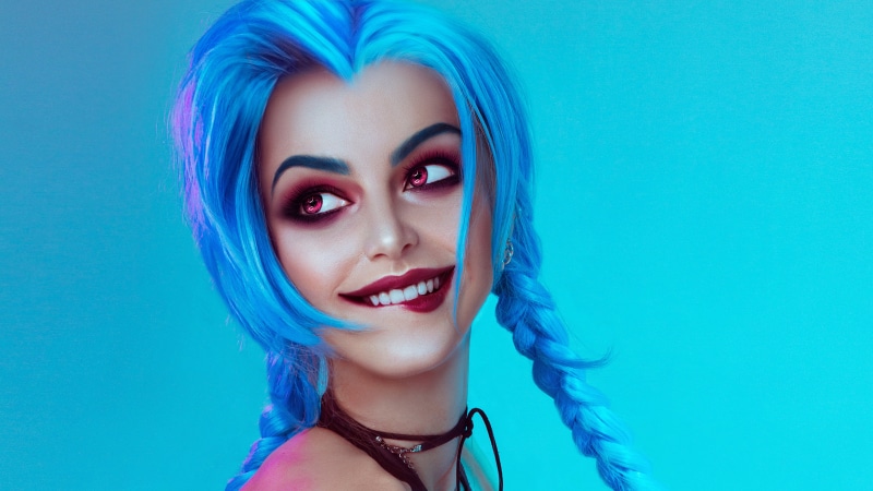 Woman, Jinx (League Of Legends), Girl, Lipstick, Braid, 2K, League Of Legends, Women, Cosplay, Pink Eyes, League Of Angels, Face, Blue Hair