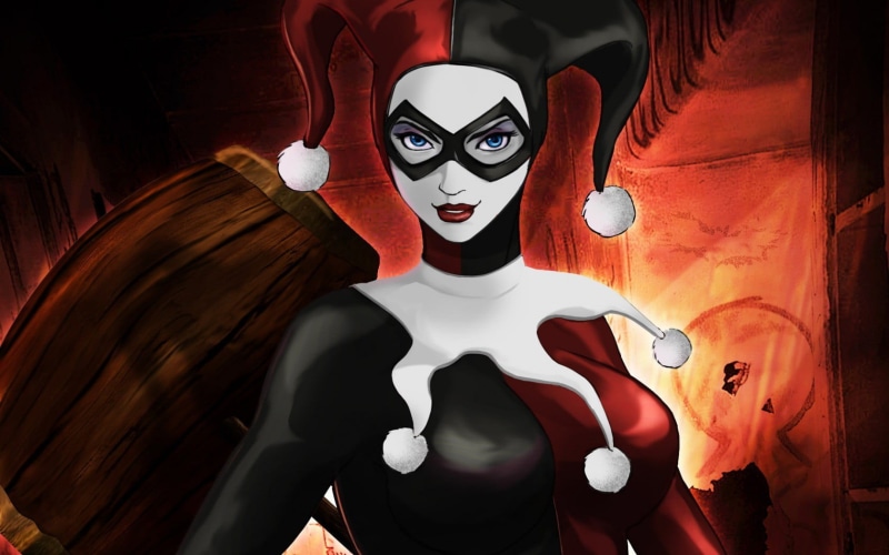 indoors, portrait, digital art, horror, harley, mask - disguise, animated, obscured face, quinn, disguise, spooky, Joker, people, fear, DC Comics, art and craft
