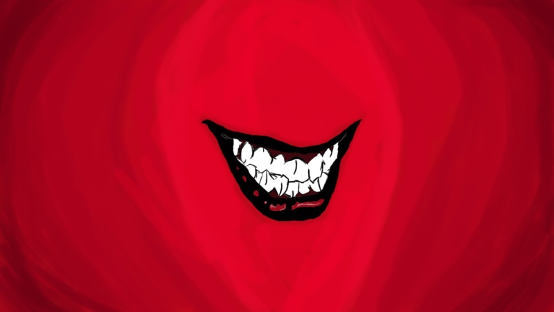 mouth, colored background, illustration, red, indoors, no people, teeth, animal body part, flying, smiling, close-up, black, white, studio shot, Joker