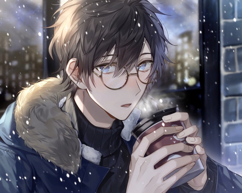 Black Hair, Snowfall, Boy, Original, Anime, Blue Eyes, 1080P, Glasses