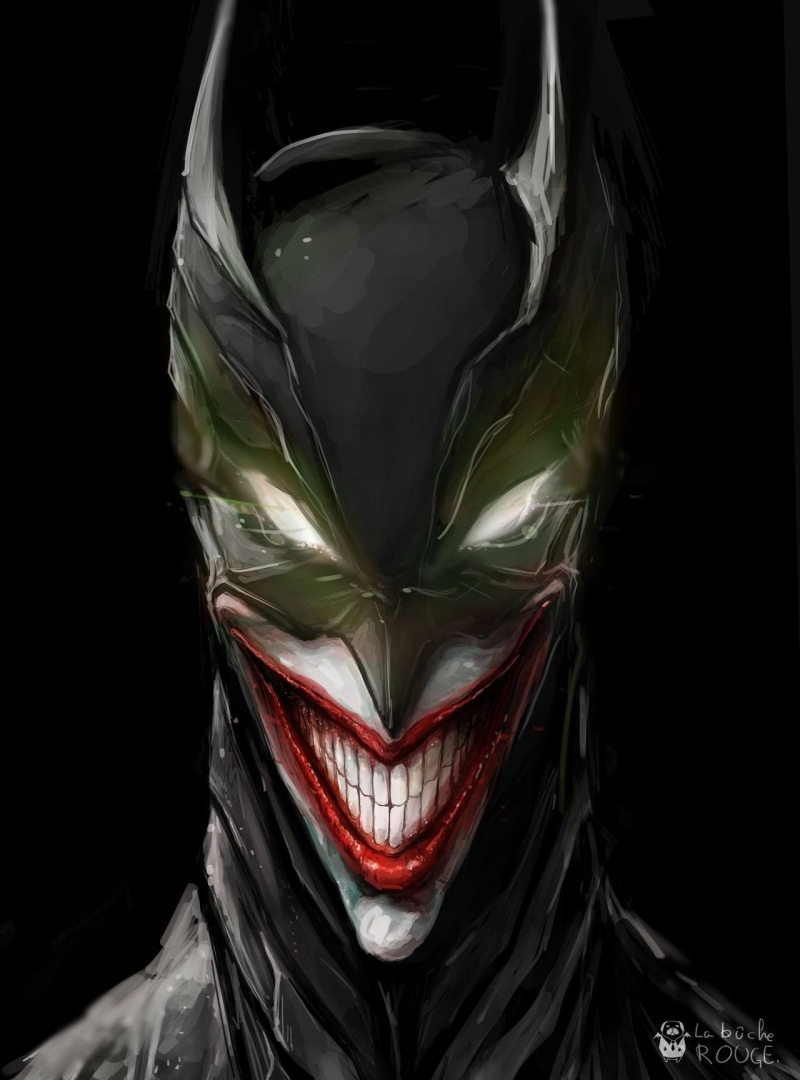 Batman, close-up, unrecognizable person, obscured face, make-up, Joker, disguise, mystery, mask, indoors, human face, front view, body part