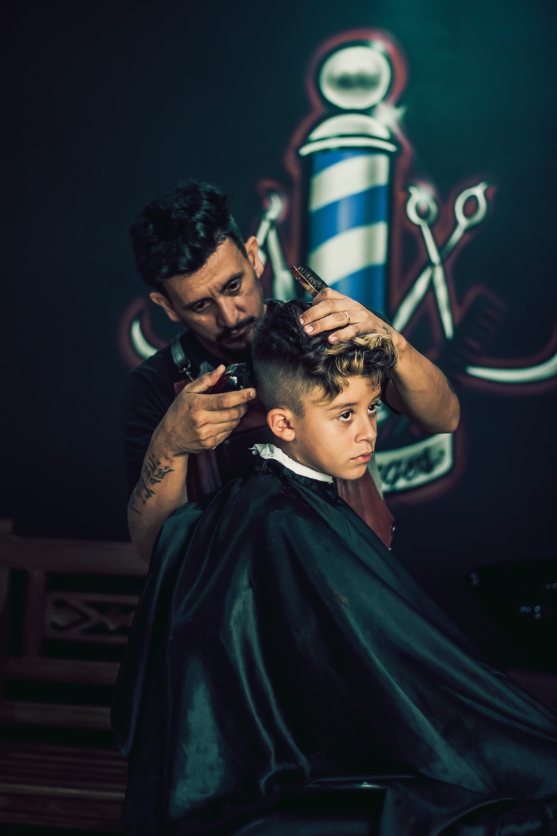 togetherness, portrait, grooming, barber shop, standing, people, hairstylist, wear, groom, adult, focus on foreground, real people, 5K, boy, males, man