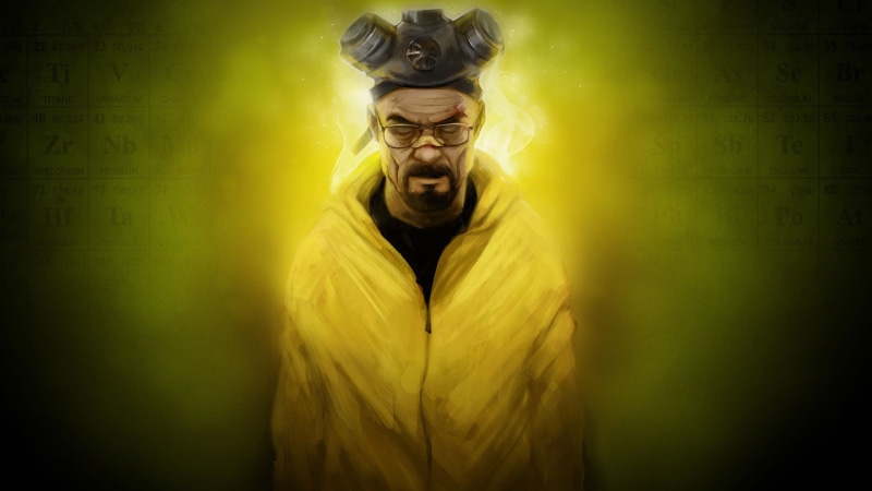 mature adult, yellow, jacket, adult, clothing, vignette, men, indoors, painting, looking at camera, human face, waist up, portrait, man, Walter White, wearing