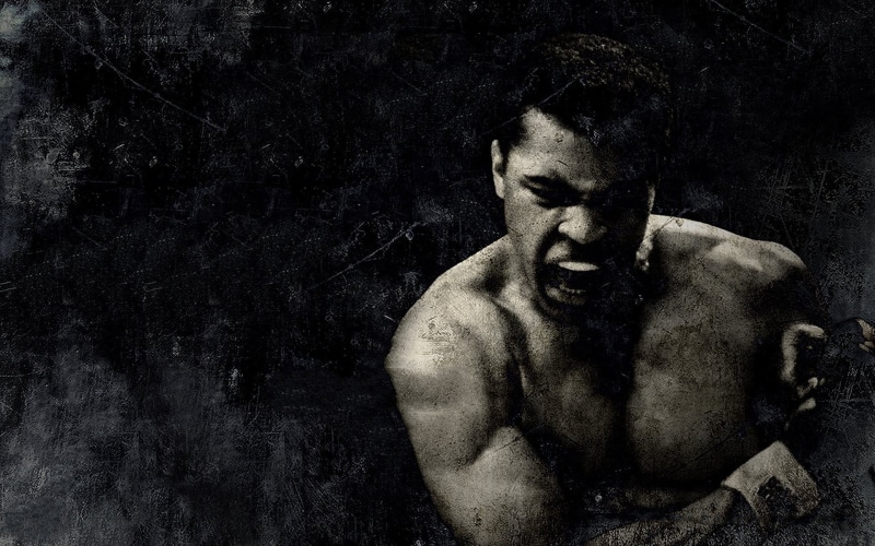 healthy lifestyle, ali, real people, black background, digital composite, portrait, young adult, leisure activity, lifestyles, looking at camera, muscular build