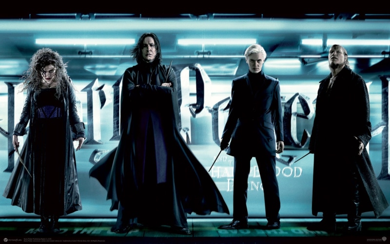 Severus Snape, assorted, fashion, front view, clothing, standing, lifestyles, indoors, Draco Malfoy, Bellatrix Lestrange, group of people, Harry Potter and the Half-Blood Prince