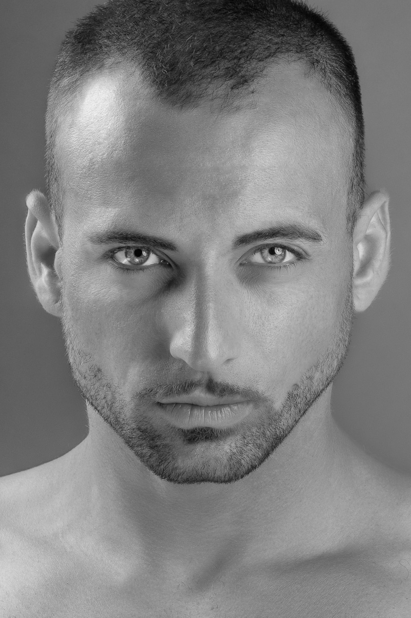 male, muscular Build, gray background, black And White, looking, people, handsome, confidence, males, close-up, beard, attractive, guy, portrait, 2K, male Beauty