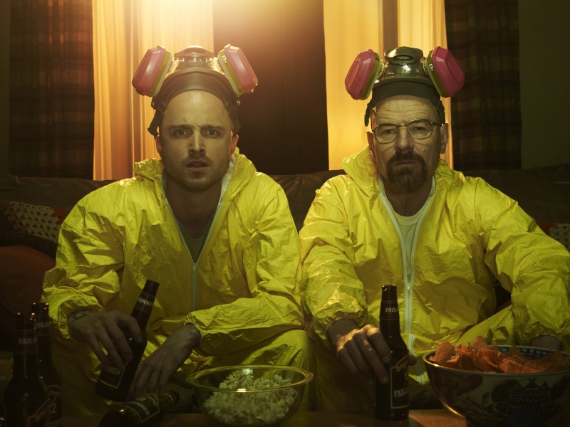 looking at camera, portrait, Bryan Cranston, sitting, waist up, clothing, males, Jesse Pinkman, holding, two people, mature men, mature adult, adult, 2K