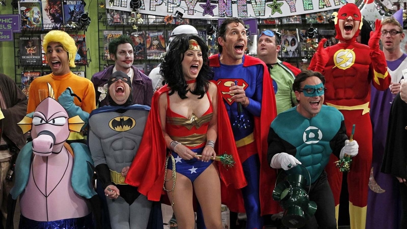 Sheldon Cooper, male likeness, TV, people, city, clothing, human representation, The Big Bang Theory, Kaley Cuoco, crowd, group of people, multi colored