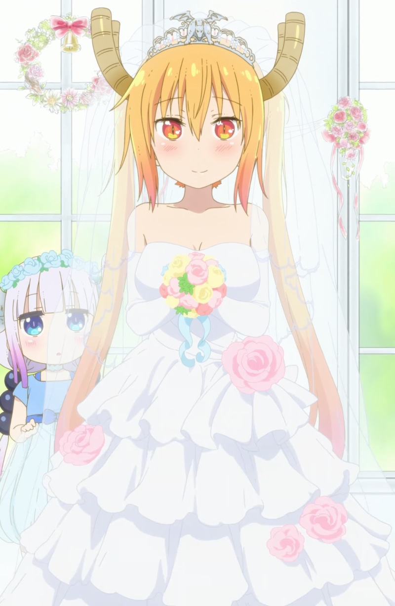 indoors, 1080P, beautiful woman, dress, white dress, beauty in nature, event, flower arrangement, blonde, flowering plant, plant, Tohru (Kobayashi-san Chi no Maid Dragon)