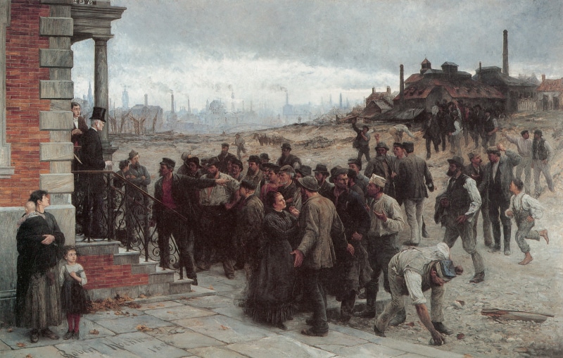 the proletariat, painting, a man with a stone, standing, people, front, the owner of factories and ships, working, Robert Koehler, labours, 1080P, XIX