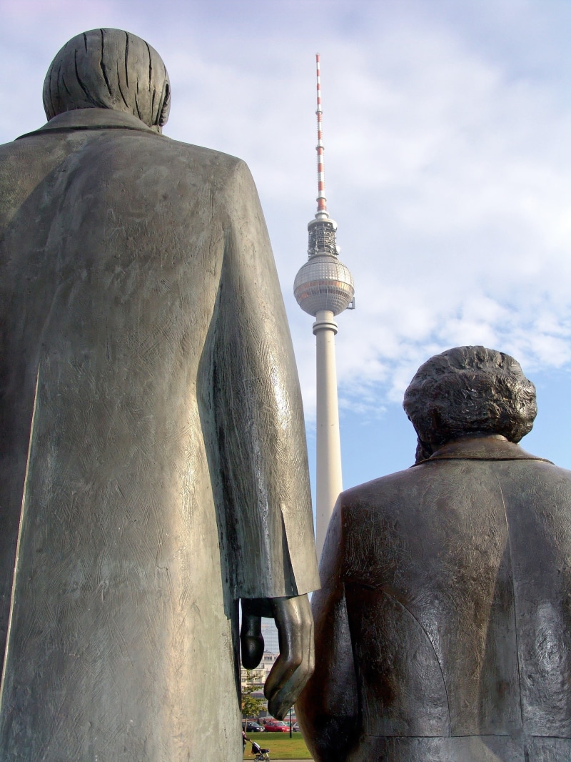 sculpture, no people, art and craft, friedrich engels, built structure, tv tower, travel, tower, communication, monument, sky, karl marx, tall - high, human representation