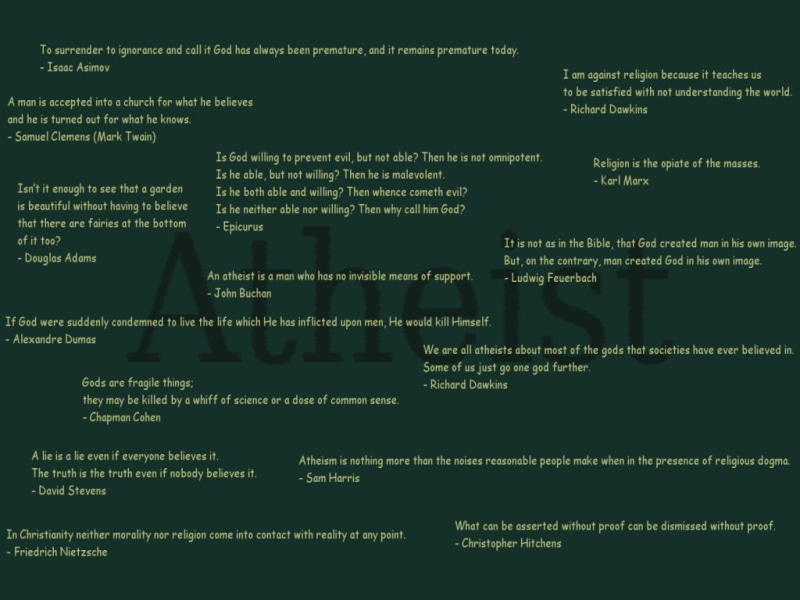 Richard Dawkins, atheism, Isaac Asimov, green background, Karl Marx, Douglas Adams, 480P, quote, Friedrich Nietzsche, text