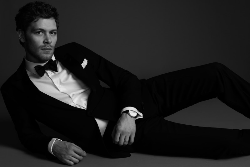 costume, male, watch, black and white, pants, Joseph Morgan, pose, tuxedo, shirt, jacket, butterfly, actor, 1080P, lies
