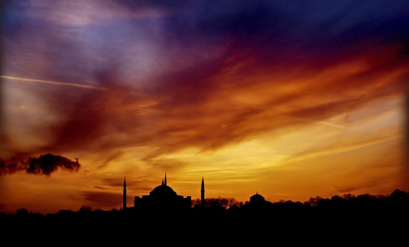 spirituality, sky, orange color, building exterior, scenics - nature, holy, tree, sunset, religion, dramatic sky, nature, place of worship, mosque, islam