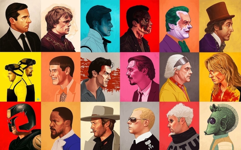 Dumb and Dumber, Joker, Game of Thrones, Willy Wonka, Judge Dredd, Star Wars, Breaking Bad, Django Unchained, The Office, Back to the Future, movies, collage