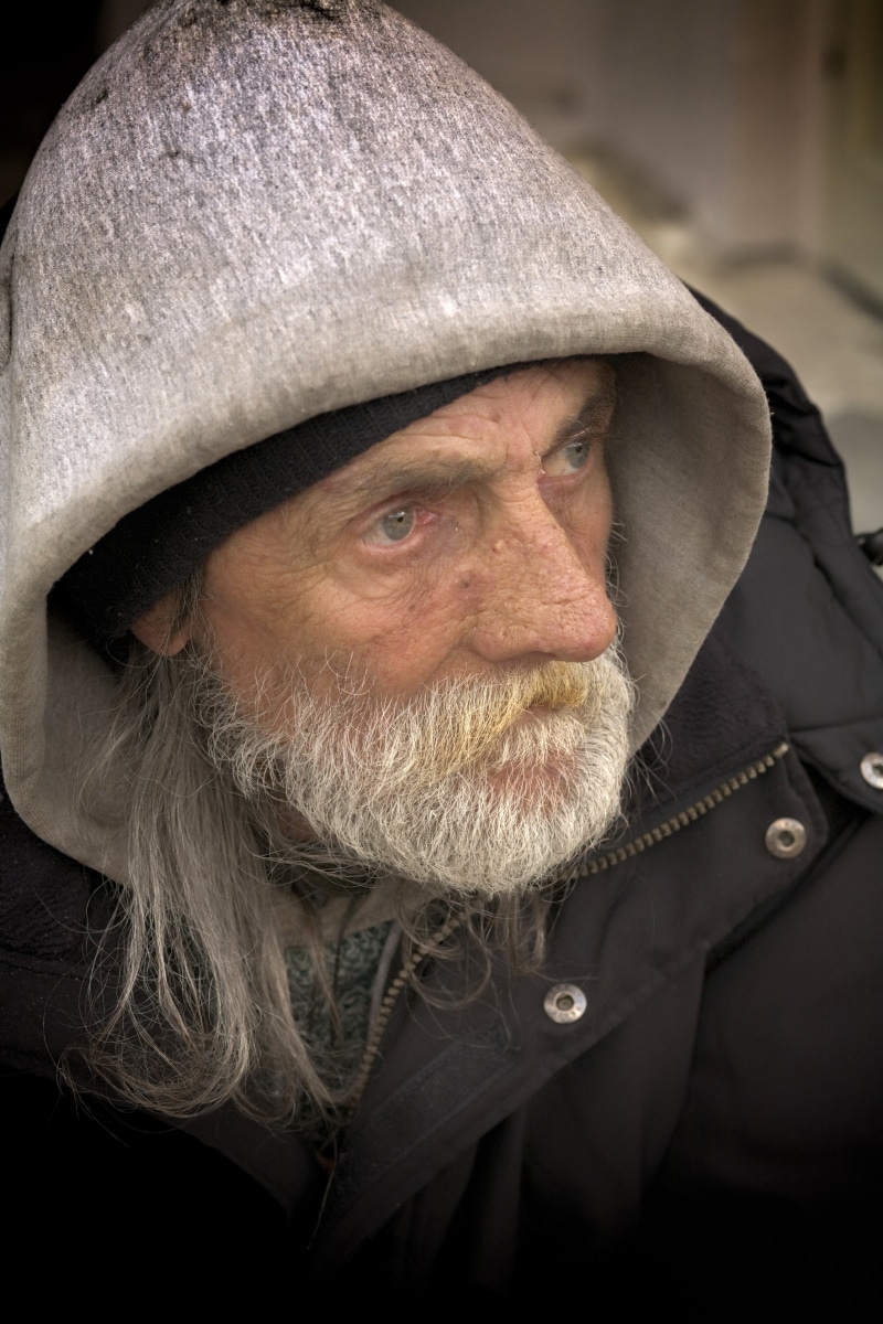 poor, person, volunteering, outreach, hat, community, contemplation, looking at camera, hood - clothing, shelter, mature men, portrait, homeless, one person