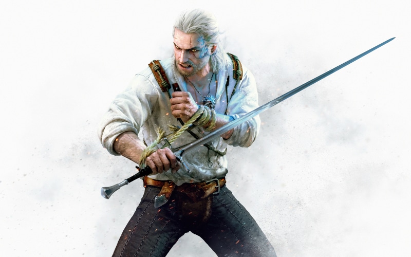 three quarter length, senior men, males, weapon, concentration, gray hair, skill, The Witcher 3: Wild Hunt, video games, adult, Geralt of Rivia, 8K, one person