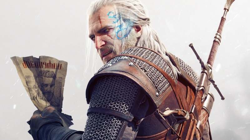 adult, Geralt of Rivia, front view, 1080P, indoors, one person, holding, senior adult, white hair, history, clothing, gray hair, The Witcher 3: Wild Hunt