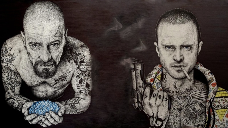 Tattoo, two people, TV Show, people, looking at camera, adult, headshot, Gun, beard, senior men, close-up, senior adult, Jesse Pinkman, contemplation, two