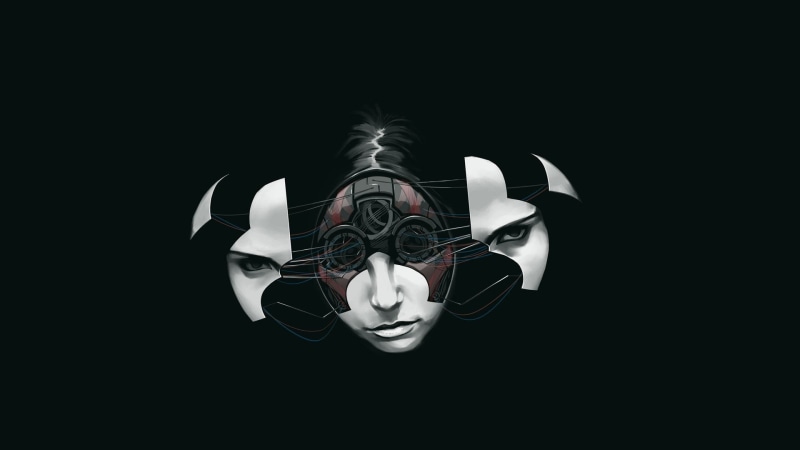 headshot, photo, black color, s, edited, studio shot, face, indoors, representation, digital art, disguise, black background, front view, eyes, ropes, close-up
