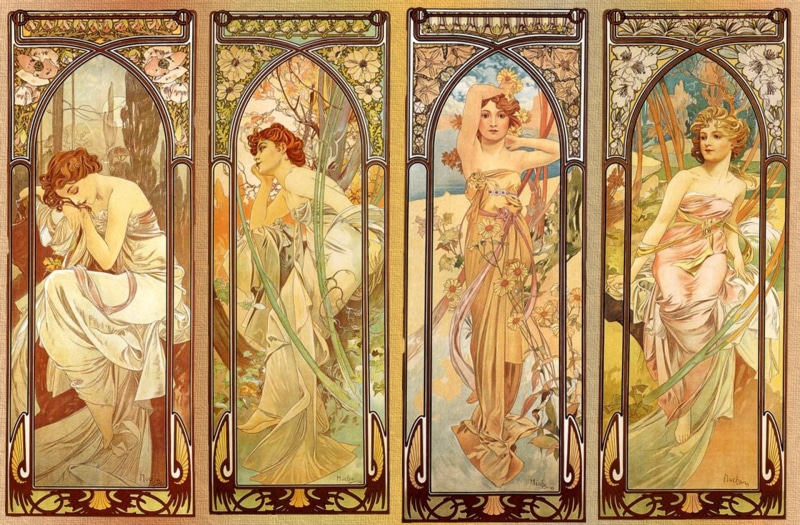 illustration in art Nouveau style, mural, floral ornament, Alphonse Mucha, female images, 1080P, nymphs, Alfons Maria Mucha, 4 girls, composition