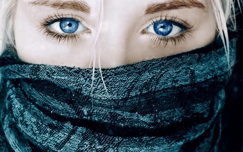 gray, reflection, face, females, closeup, hiding, human Face, model, women, adult, eyelash, serious, cyan, young Adult, human Eye, headscarf, portrait