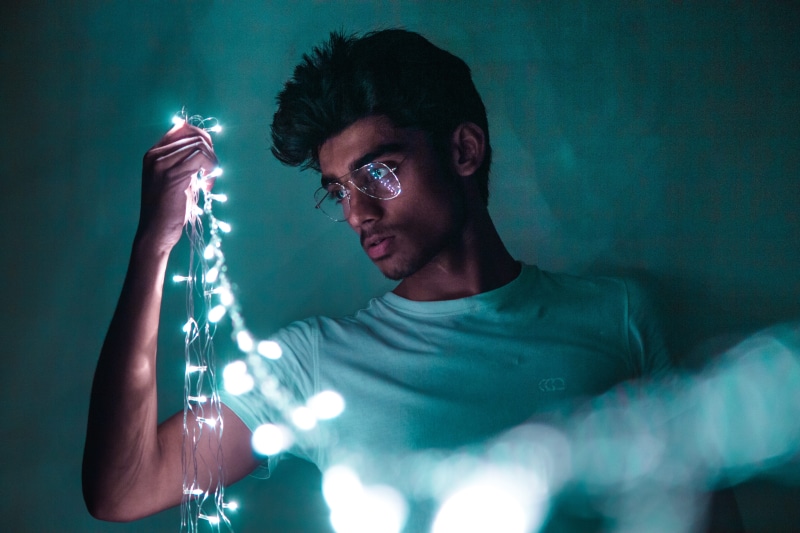science, indoors, lighting equipment, young men, white, blue, looking, reflection, glowing, adult, photography, man, night, 5K, light - natural phenomenon