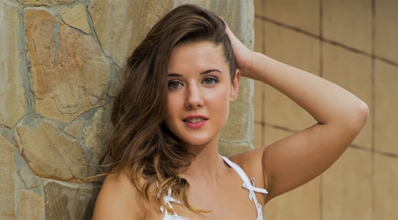 looking at viewer, white clothing, model, 2K, open mouth, hands on head, bare shoulders, women, Sybil A, green eyes, brunette