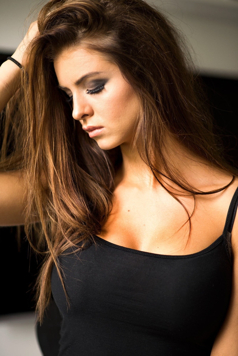 fashion, closed eyes, 1080P, one person, beauty, glamour, hairstyle, model, beautiful people, tank top, body part, human face, women outdoors, hands on head